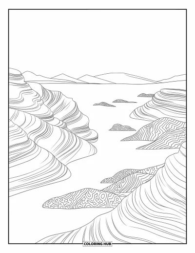 Coloriage de désert pour adultes : Des falaises rocheuses et des dunes aux motifs doux composent un paysage désertique serein