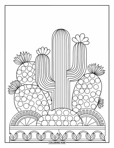 Coloriage de désert pour adultes : Des formes rondes et des cactus se répètent dans un motif de mandala serein et détaillé