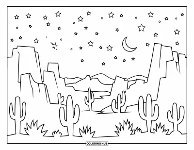 Coloriage de désert pour adultes : De grands cactus et des formes rocheuses créent une scène apaisante sous la lune et les étoiles
