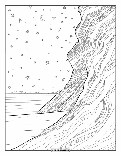 Coloriage de désert pour adultes : Le crépuscule descend sur des falaises et des étoiles dans un décor désertique paisible