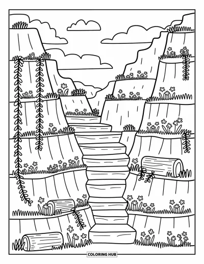 Coloriage de désert pour adultes : Des lianes, des troncs et des fleurs garnissent les recoins douillets d'un canyon rocheux du désert