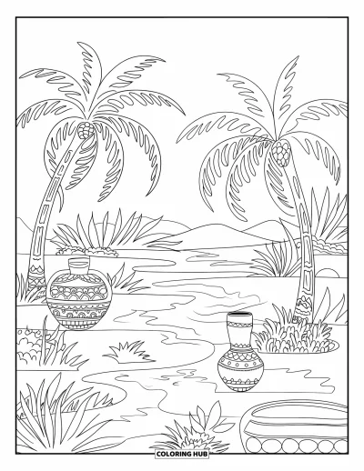 Coloriage de désert pour adultes : L'eau, les pots et les palmiers apportent une douce sérénité à ce havre désertique tranquille