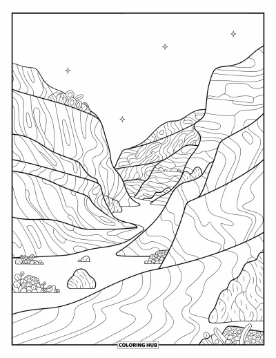 Coloriage de désert pour adultes : Des dunes ondulantes et de hautes falaises de canyon bordent un chemin dégagé à travers le désert
