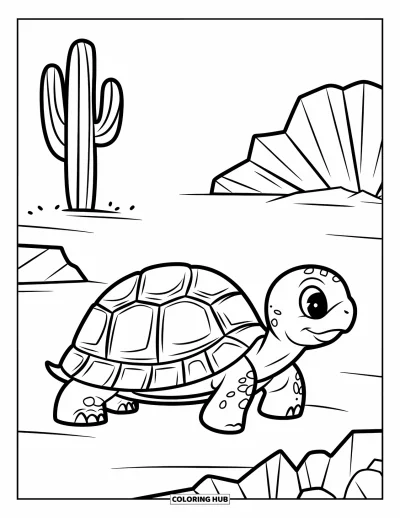 Coloriage de désert pour enfants : Un bébé tortue se dirige vers un cactus dans un vaste paysage désertique