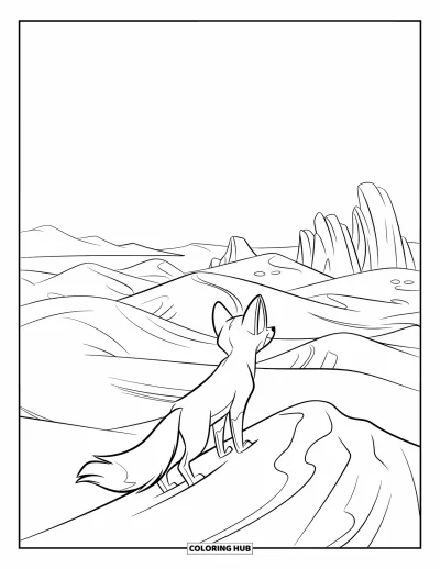 Coloriage de désert pour enfants : Un renard à la queue touffue observe un désert silencieux depuis le sommet d'une haute dune