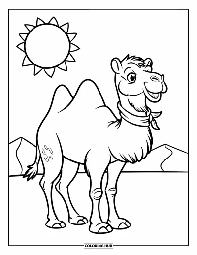 Coloriage de désert pour enfants : Un chameau joyeux avec une écharpe sourit sous le soleil dans le désert