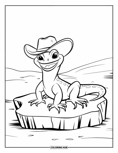 Coloriage de désert pour enfants : Un lézard souriant coiffé d'un chapeau de cowboy assis sur un rocher dans le sable