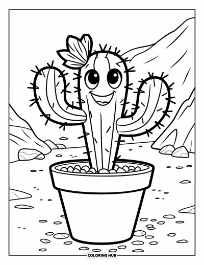 Coloriage de désert pour enfants : Un cactus en pot tout joyeux repose près de pierres et de montagnes dans le désert