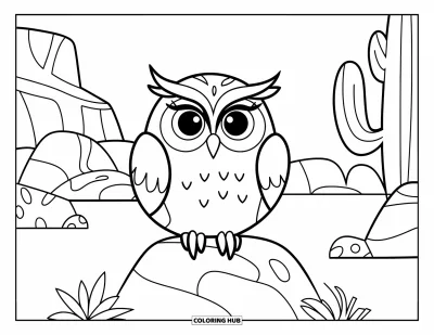 Coloriage de désert pour enfants : Un hibou joufflu perché sur un rocher entouré de petites plantes du désert