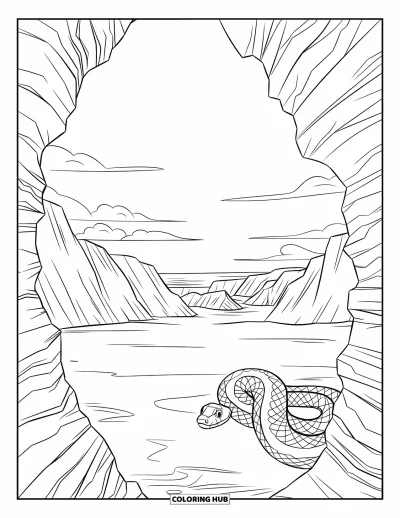 Coloriage de désert pour enfants : Un serpent enroulé se repose entre les parois rocheuses d'un canyon désertique