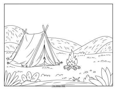 Coloriage de désert pour enfants : Une tente douillette et un feu de camp au pied de douces collines désertiques