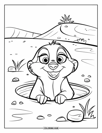 Coloriage de désert pour enfants : Un curieux suricate passe la tête hors de son terrier sous un grand ciel désertique