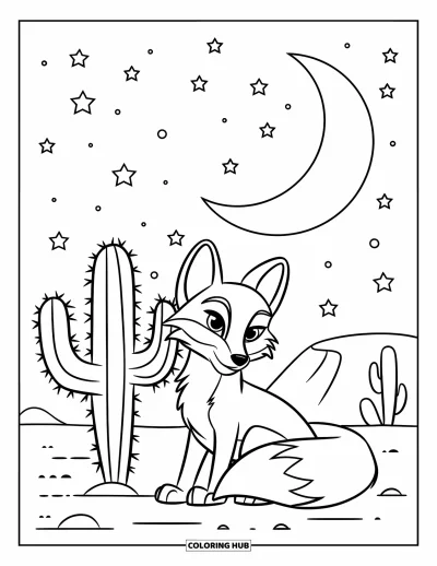 Coloriage de désert pour enfants : Un renard lové se repose près d'un cactus sous le croissant de lune et les étoiles