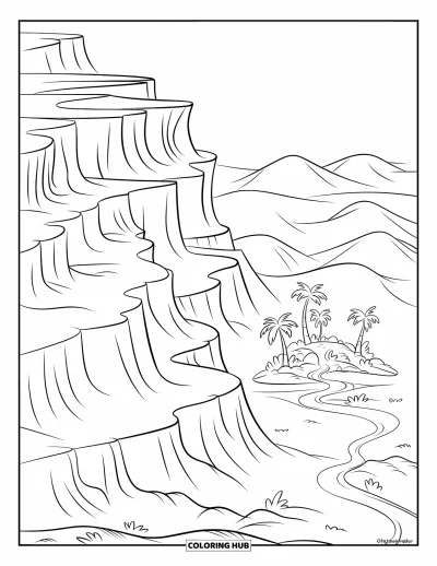 Coloriage de désert pour enfants : Un sentier sinueux traverse des dunes et des falaises vers une oasis apaisante