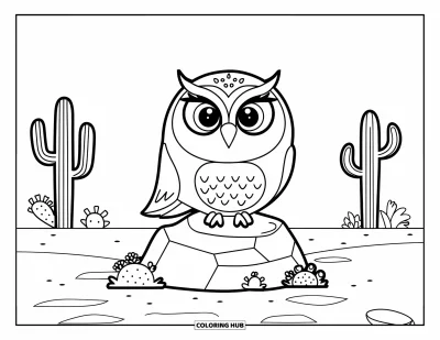 Coloriage de désert pour enfants : Un chouette hibou aux grands yeux se repose sur un rocher parmi le sable et les cactus