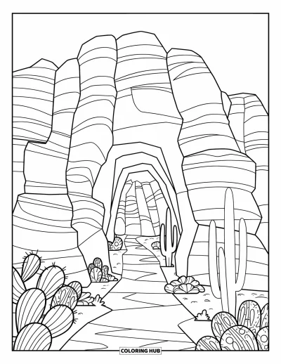 Coloriage de désert pour enfants : Un chemin vers une grotte du désert bordé de cactus et de hautes formations rocheuses