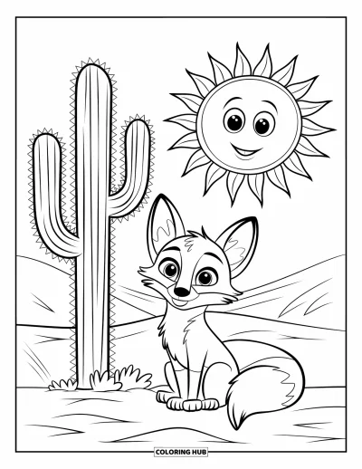 Coloriage de désert pour enfants : Un renard du désert assis calmement près d'un cactus sous un soleil souriant