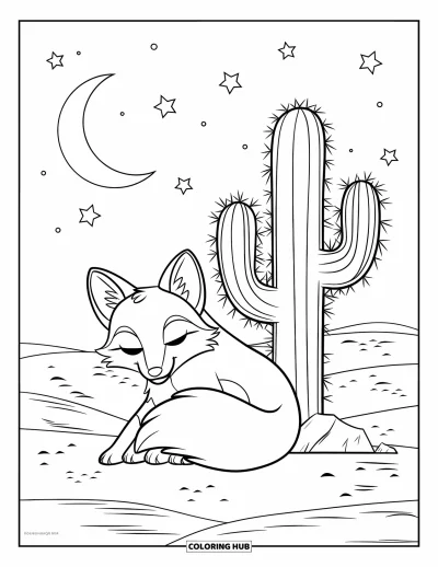 Coloriage de désert pour enfants : Un renard du désert somnole près d'un cactus sous un ciel étoilé
