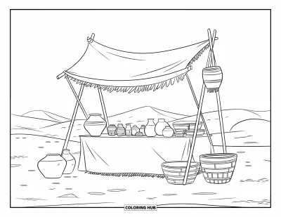 Coloriage de désert pour enfants : Un étal de marché avec paniers et poteries se dresse sous un auvent de tissu dans le désert