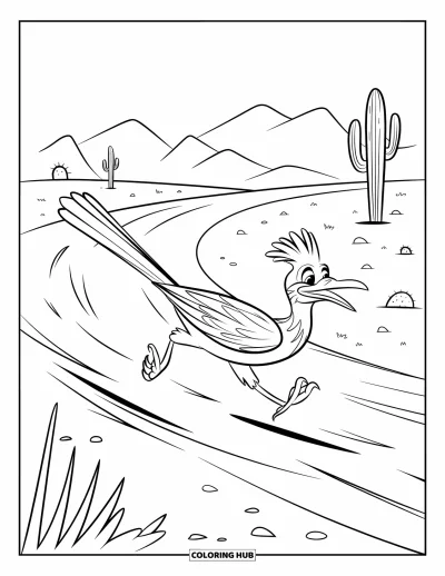 Coloriage de désert pour enfants : Un roadrunner rapide file le long d'un sentier venteux du désert