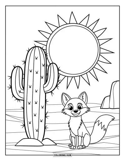 Coloriage de désert pour enfants : Un renard du désert tout duveteux se repose près d'un cactus épineux sous un soleil chaleureux