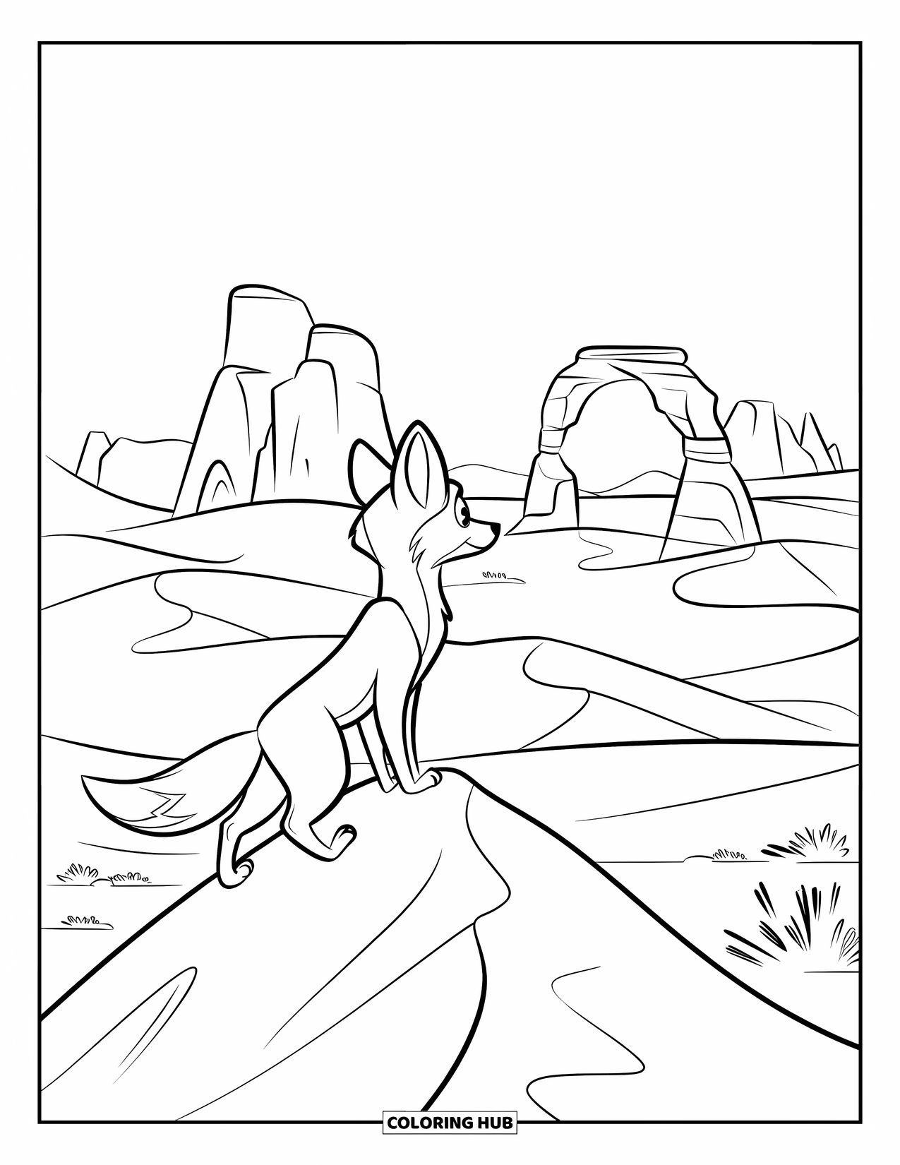 Desert Coloring Page for Kids: A fox with perked ears stands tall on a dune in the desert