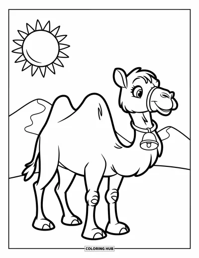 Coloriage de désert pour enfants : Un chameau amical avec une clochette se tient sous le soleil près de deux petites dunes