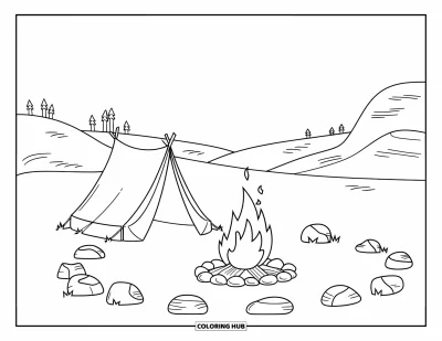Coloriage de désert pour enfants : Un feu de camp brillant et une tente évasée nichés dans les collines ouvertes du désert