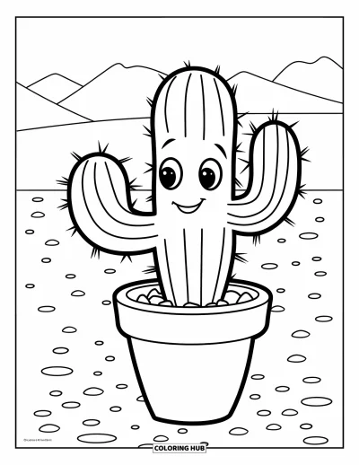 Coloriage de désert pour enfants : Un joyeux cactus en pot dans un désert paisible avec de douces collines en arrière-plan
