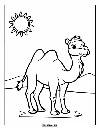 Coloriage de désert pour enfants : Un chameau joyeux se tient sous le soleil près de deux petites dunes de sable