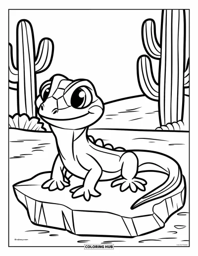Coloriage de désert pour enfants : Un lézard heureux dans le désert profite de la vue depuis un rocher ensoleillé