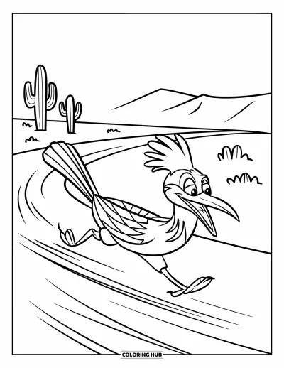 Coloriage de désert pour enfants : Un roadrunner plein d'entrain traverse le désert avec des cactus et des collines en arrière-plan