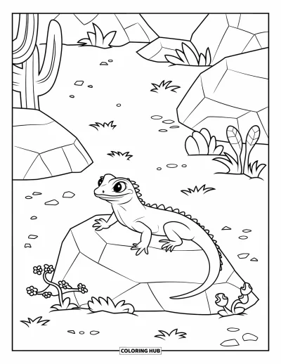 Coloriage de désert pour enfants : Un lézard se repose sur un rocher parmi des fleurs et des arbustes du désert