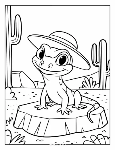 Coloriage de désert pour enfants : Un lézard coiffé d'un chapeau de paille se prélasse sur un rocher plat dans le désert