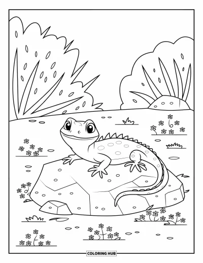 Coloriage de désert pour enfants : Un lézard à la grande bouche allongé sur un rocher avec des plantes du désert alentour