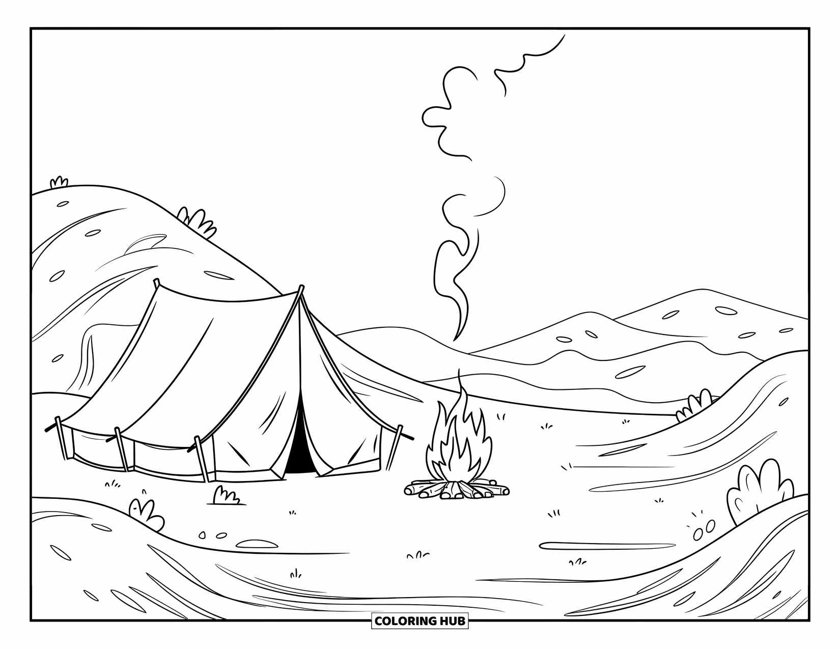 Desert Coloring Page for Kids: A moonlit desert camp with a tent, fire, and distant rolling hills