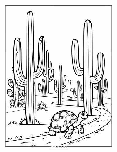 Coloriage de désert pour enfants : Une tortue au motif décoré suit un chemin longeant de grands cactus du désert