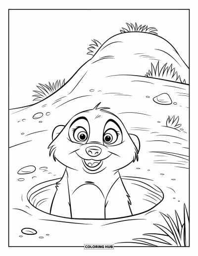 Coloriage de désert pour enfants : Un dodu suricate surgit d'un terrier près d'une colline aride du désert