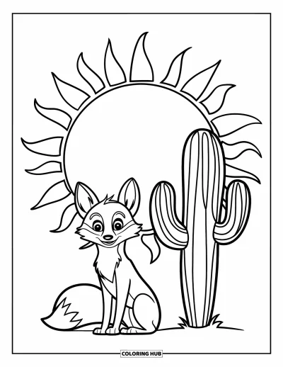 Coloriage de désert pour enfants : Un renard tranquille du désert se repose près d'un cactus sous un soleil éclatant
