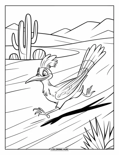 Coloriage de désert pour enfants : Un roadrunner file devant des cactus et des montagnes sous le vent du désert