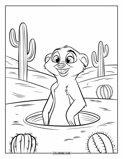 Coloriage de désert pour enfants : Un suricate tout rond lève les yeux depuis un trou creusé dans une colline rocailleuse du désert