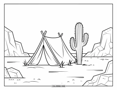 Coloriage de désert pour enfants : Une tente ronde et un grand cactus reposent tranquillement sur le sable