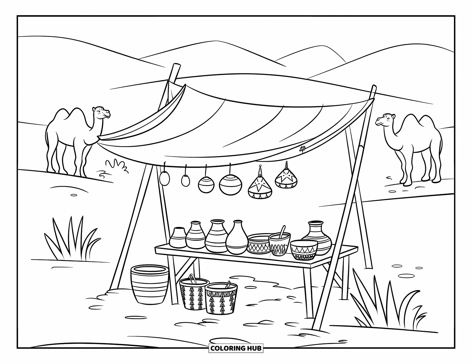 Desert Coloring Page for Kids: A sandy market scene with pottery, baskets, and distant camels