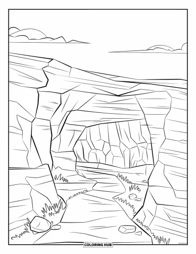 Coloriage de désert pour enfants : Un sentier sableux mène à une grotte du désert encadrée de strates rocheuses