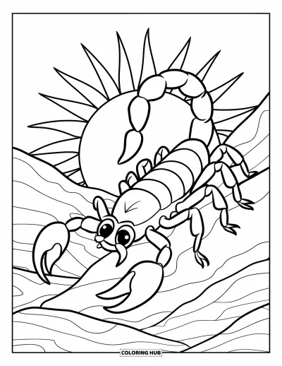 Coloriage de désert pour enfants : Un scorpion escalade un terrain rocheux sous un soleil détaillé du désert