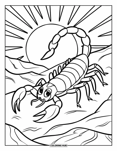 Coloriage de désert pour enfants : Un scorpion traverse un terrain rocailleux sous un soleil radieux