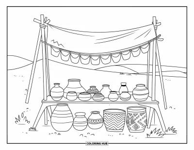 Coloriage de désert pour enfants : Un stand ombragé présente de la poterie et des paniers à admirer dans le désert
