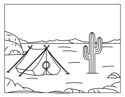 Coloriage de désert pour enfants : Un seul cactus pousse à côté d'une tente dans le désert tranquille