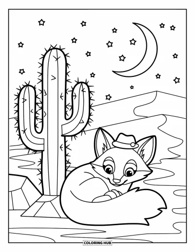 Coloriage de désert pour enfants : Un renard somnolent du désert lové près d'un cactus sous un croissant de lune