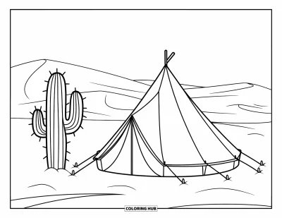 Coloriage de désert pour enfants : Une petite tente du désert se dresse à côté d'un cactus solitaire